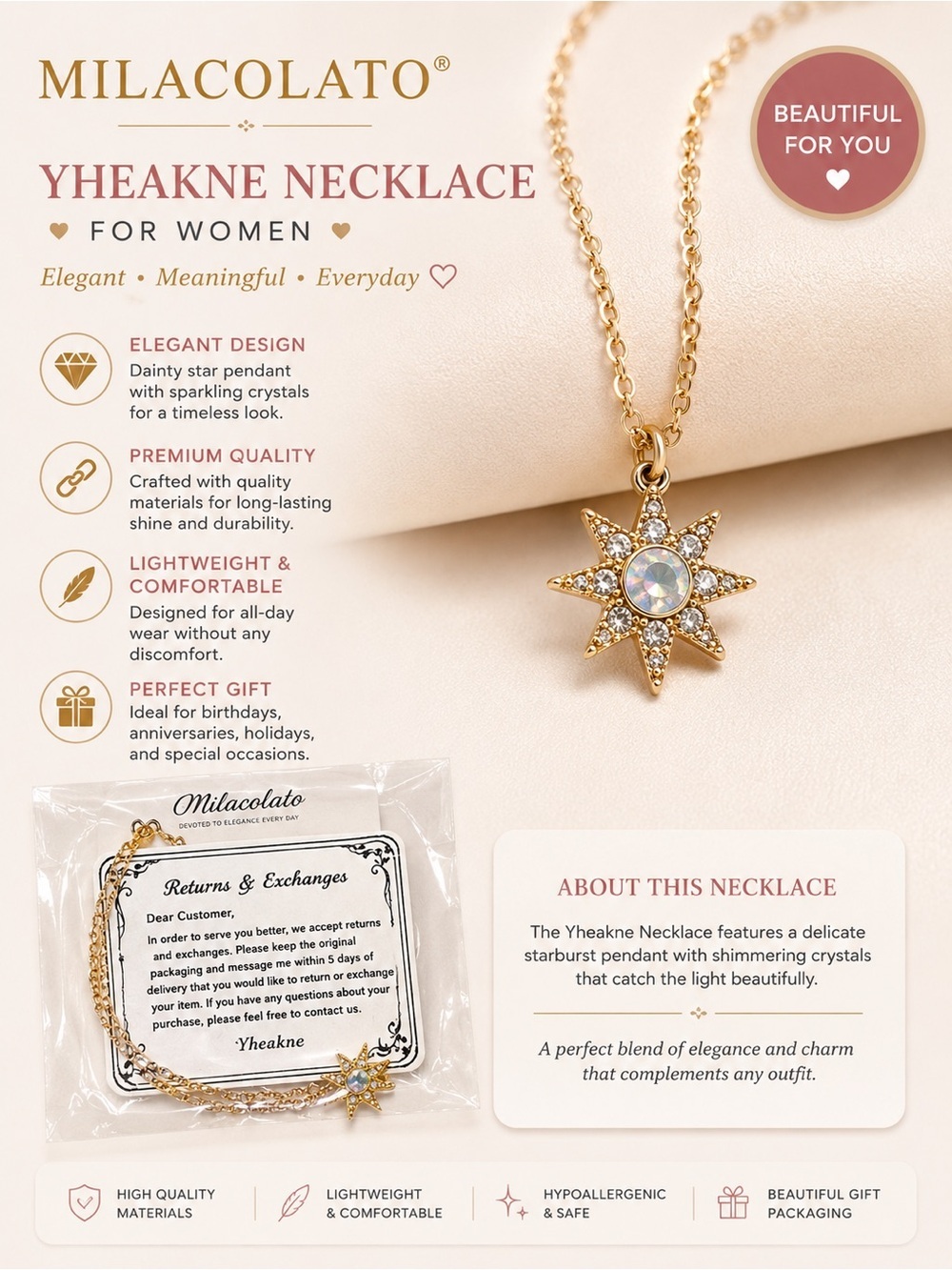 Yheakne Gold Starburst Necklace with Crystals - Gold